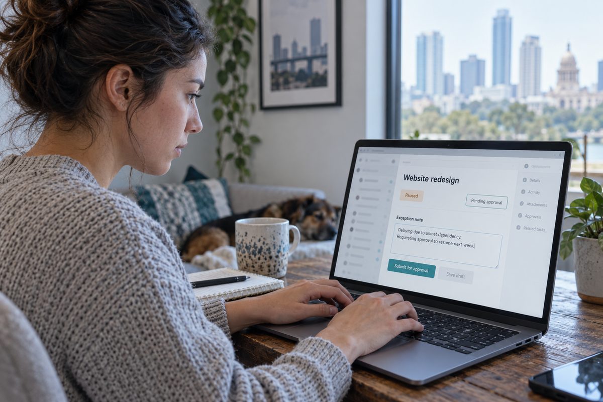 Assistant adding a note to a task that needs approval before continuing