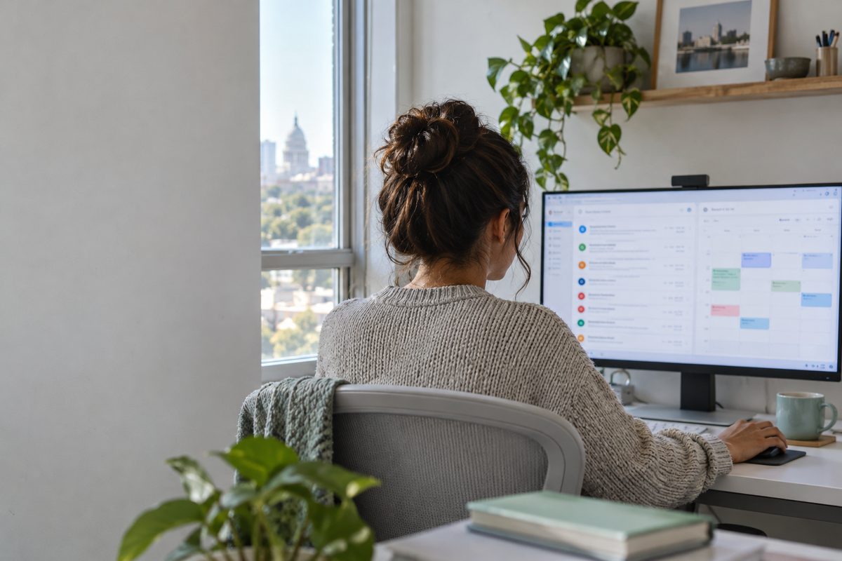 Remote assistant reviewing an administrative queue beside calendar and message panes