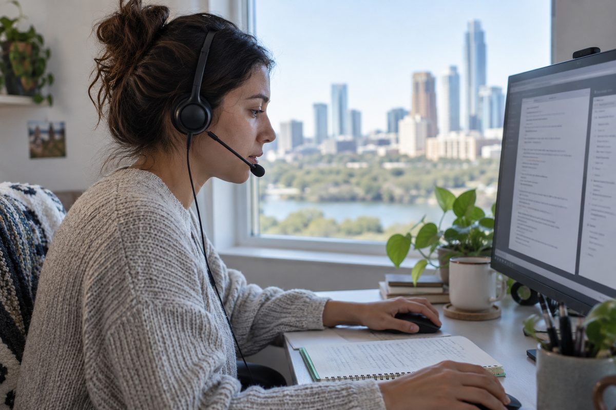 Assistant following a call script while wearing a headset
