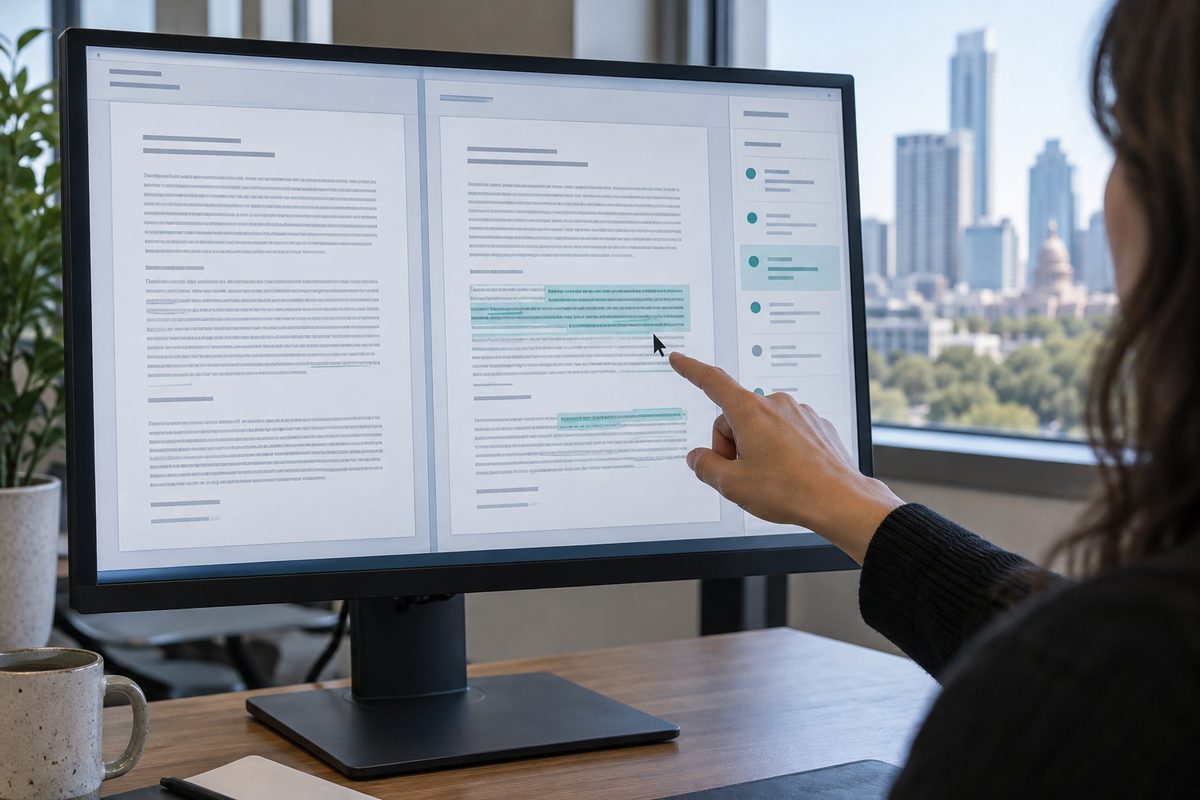 Two document versions being compared with a version-history panel